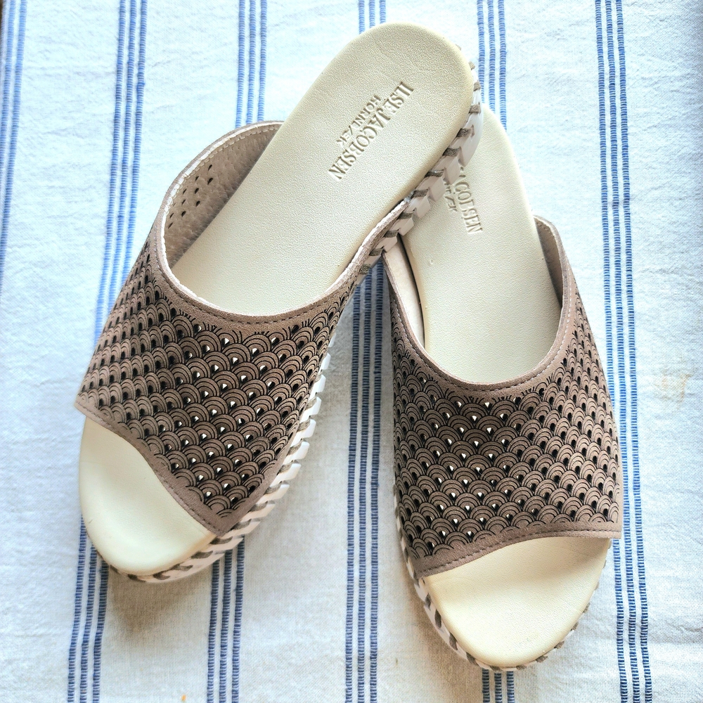 Brown and White Woven Mules with Open-Toe Design